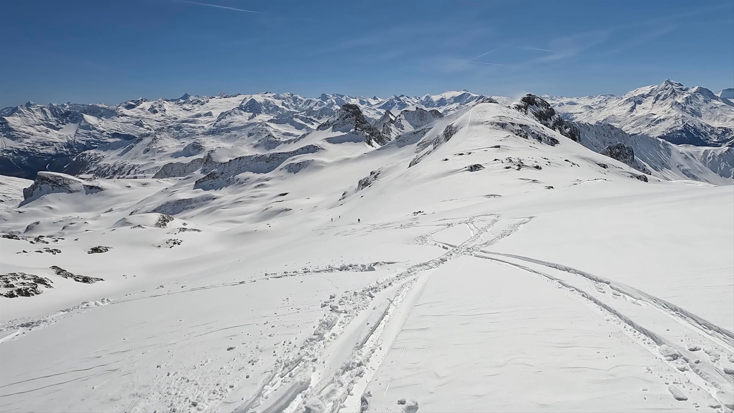 POV video of person skiing down mountain in French Alps