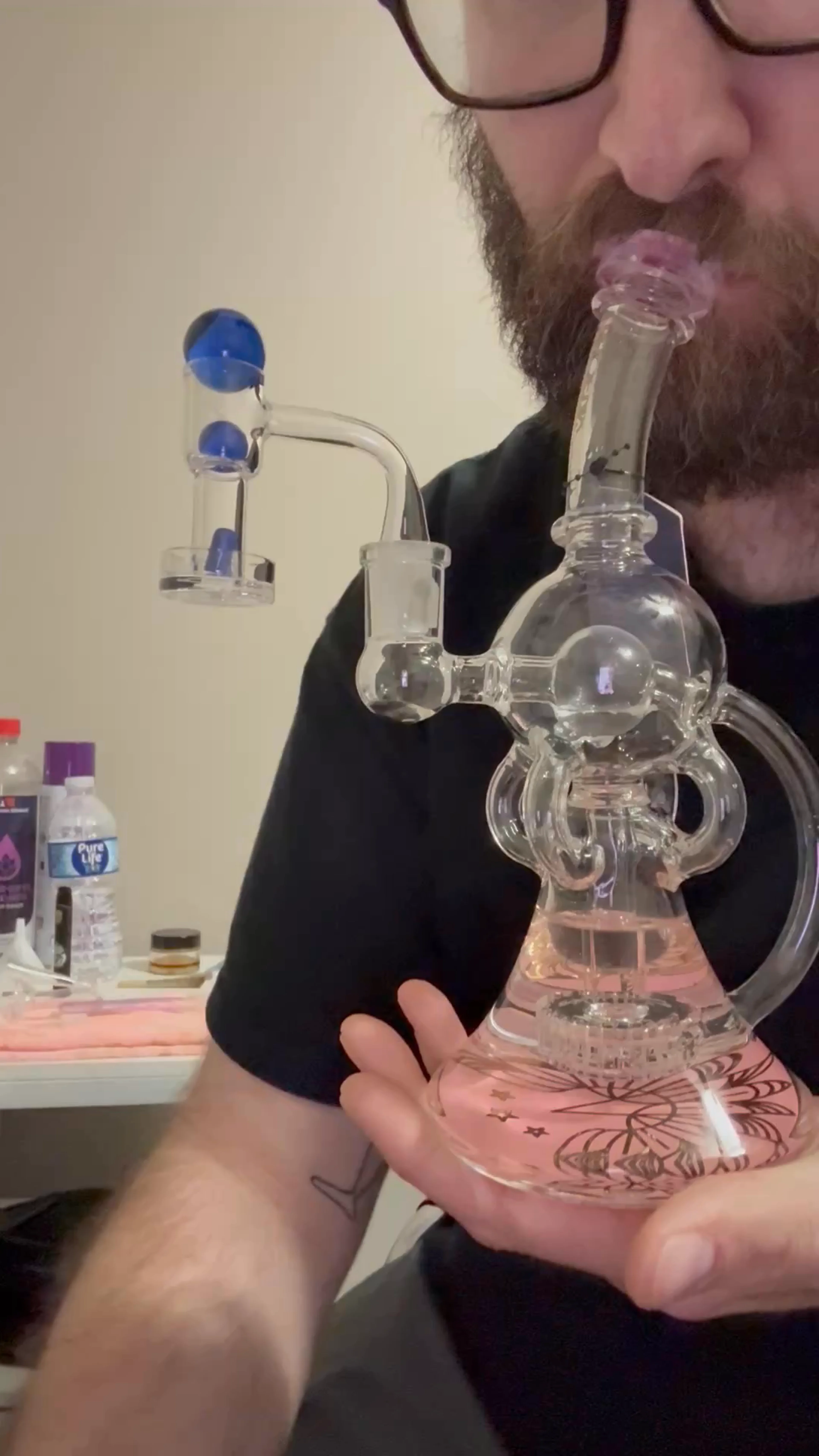 Preview pic of Phoenix star pink accent comes with Terp Slurper and set machine gun dab tool nectar collector sticker pack, and flower bowl plus mood mat
