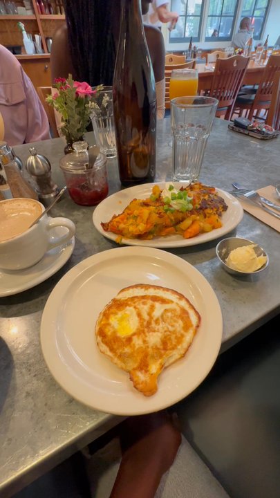 Rick & Ann's Restaurant - French toast, eggs, hash and cornmeal pancakes kinda tasted like cornbread which I liked. - Breakfast & Brunch Near Me - Berkeley, California