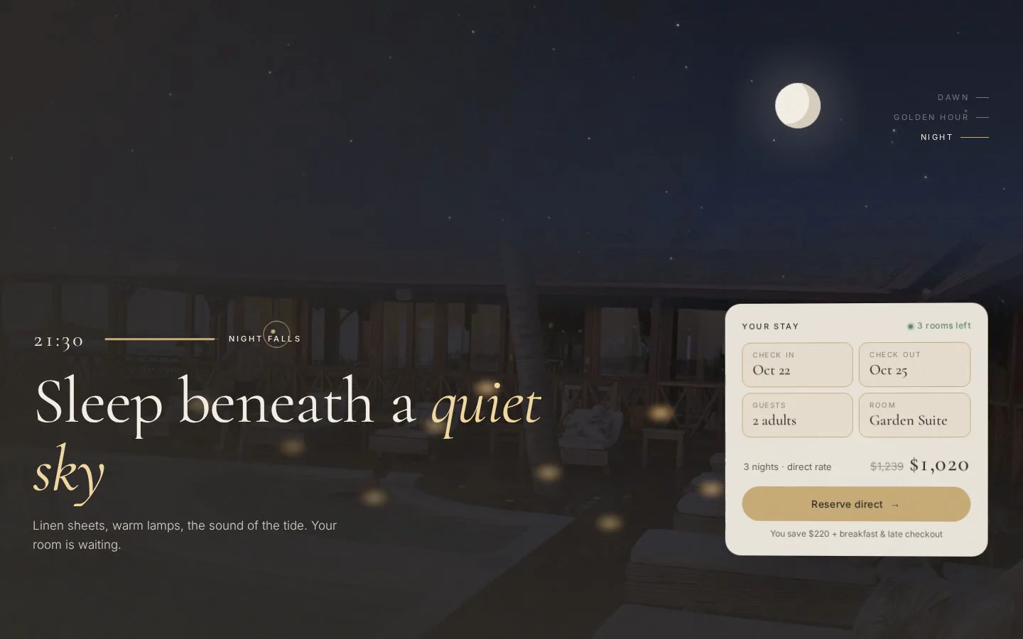 Lumen Stay, coming soon 🌅A boutique hotel and villa template where the hero follows a whole day as you scroll. Dawn light turns to golden hour and then to a starry night, with the sun and moon moving and window lights coming on. While that happens, the booking card fills itself in and counts up how much a guest saves by booking direct.Every section has its own motion. A door opens into the rooms, room cards tilt to show what's included, and the rooms gallery scrolls sideways. Headings and images open with a wipe, there's a custom cursor and smooth inertia scroll, and the hotel name lights up in the footer at night.It has full CMS for rooms, dining, experiences, offers and the journal, and works on desktop, tablet and phone. Dropping soon. Which moment would you want to see first?