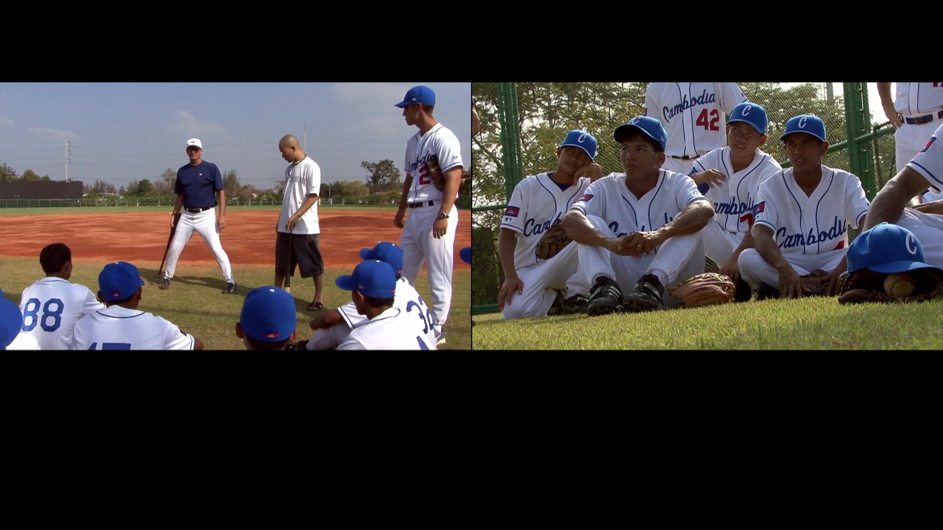 A baseball player provides an interview response about a past event before transitioning to an outdoor practice session where a coach instructs players on the field.