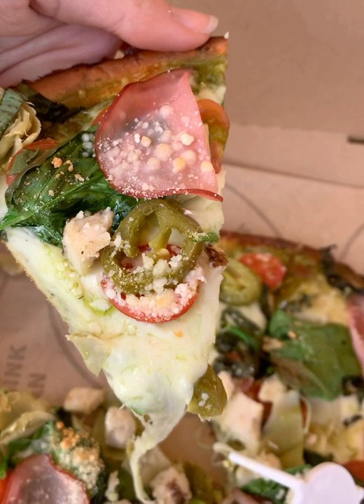 Pieology Pizzeria, Folsom - Create Your Own Pie~ Pesto, Chicken, Canadian Bacon, Mozzarella, Parm, Jalapeños, Artichokes, Tomato, Basil, Spinach on Cauliflower Crust! - Pizza Near Me - Folsom, California