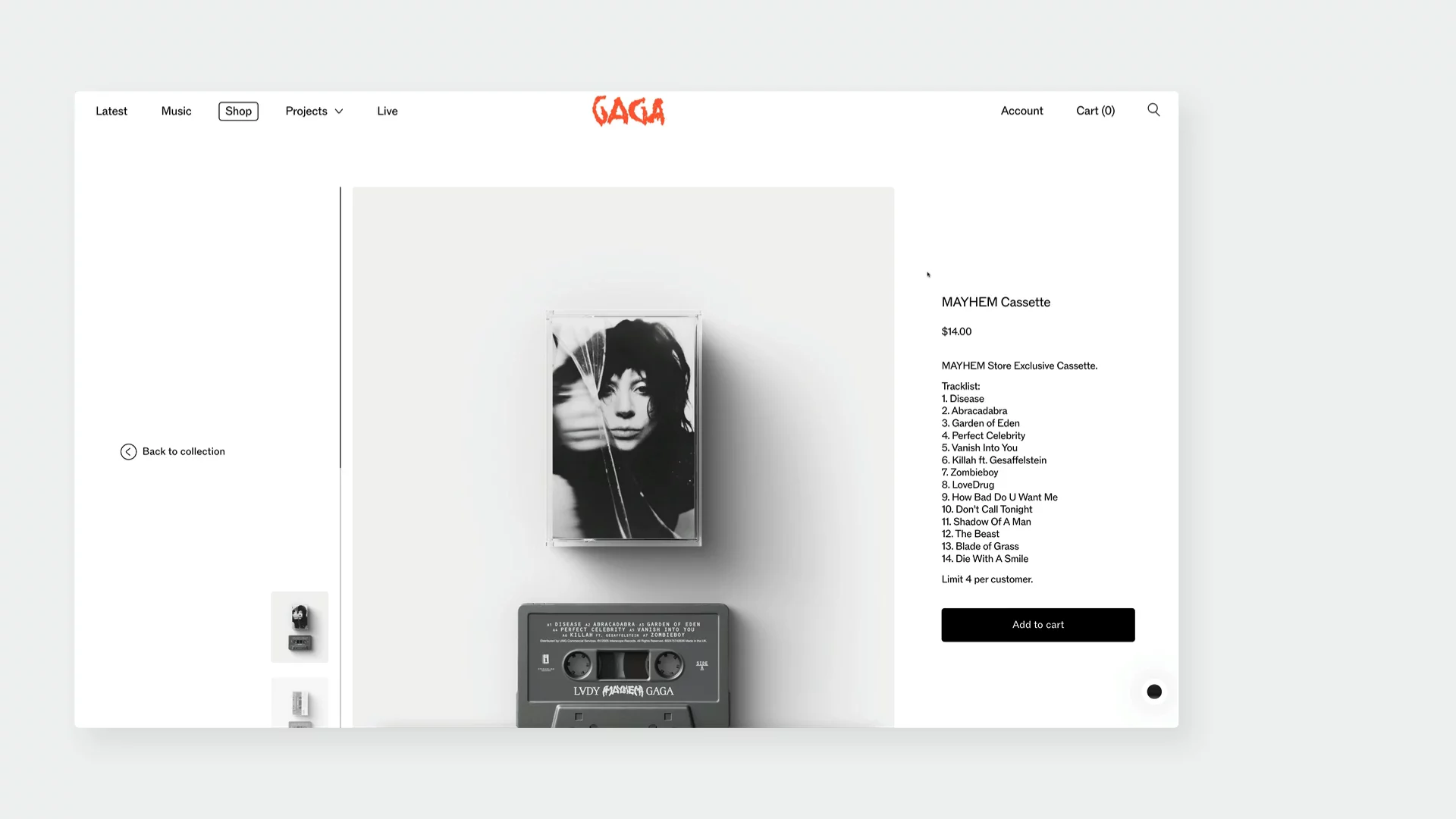 Product detail page for the MAYHEM cassette on Lady Gaga’s online store, featuring a grayscale hero image with a portrait and branded cassette tape. Interactive UI elements include a smooth thumbnail carousel, 'Add to cart' button with hover feedback, and minimal left-side back navigation. Microinteractions guide user focus while maintaining an editorial aesthetic for exclusive merchandise