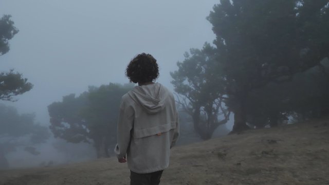 Man walking around in the fog