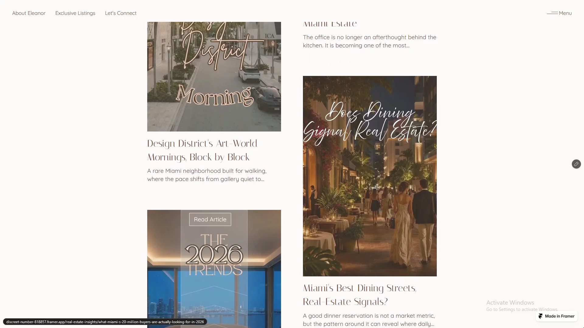 Real Estate Insights page design on desktop for a website project for luxury real estate agents. Both left and right columns are flow-speed-customizable.