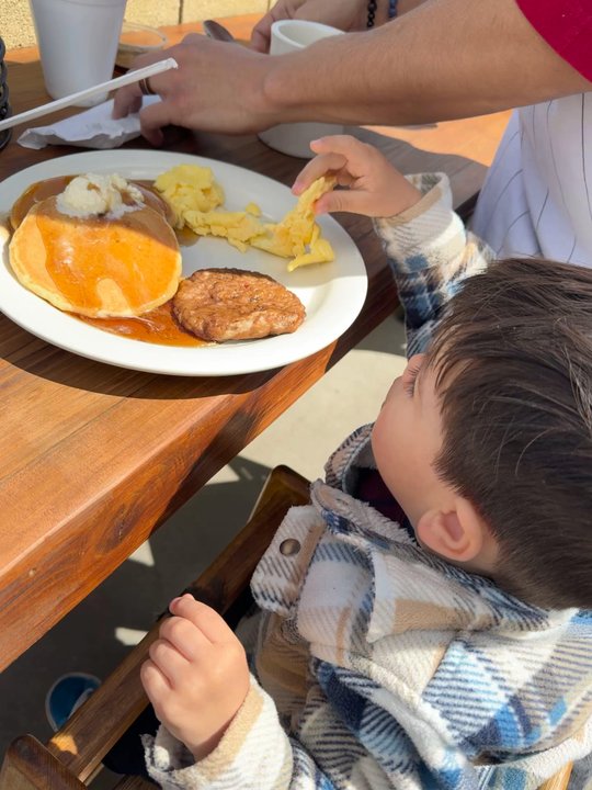 The Riverside Airport Cafe - Tiny Pilot breakfast two 2 Pancakes & 1 Egg with sausage - Cafes Near Me - Riverside, California