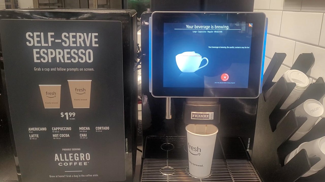 Amazon Fresh - Self-Serve Expresso Machine with a Variety of Speciality Coffee Drink, e.g., Cappuccino with Full Milk - Grocery Near Me - Encino, California
