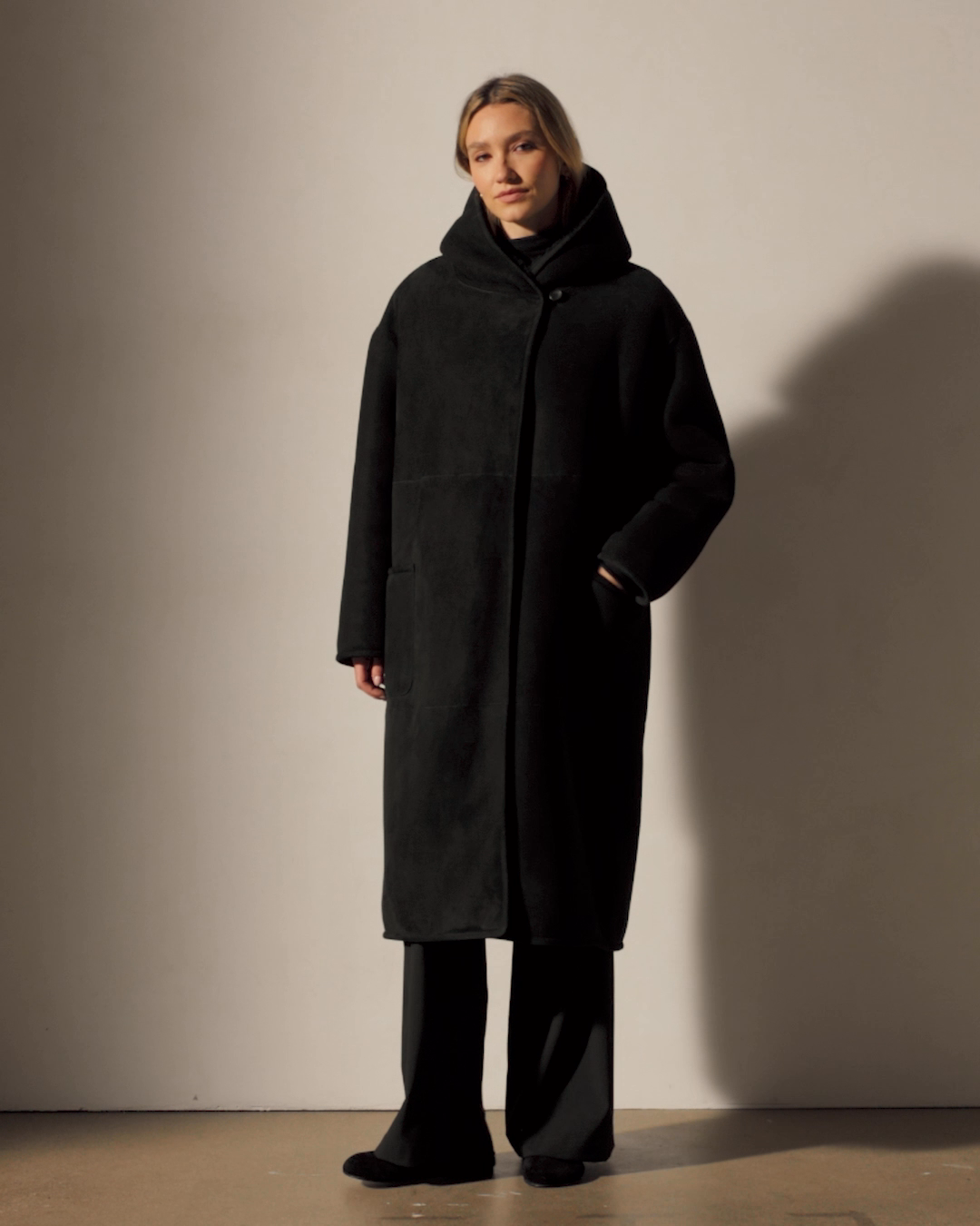 Long Suede Shearling Hooded Coat - Black | James Perse Los Angeles