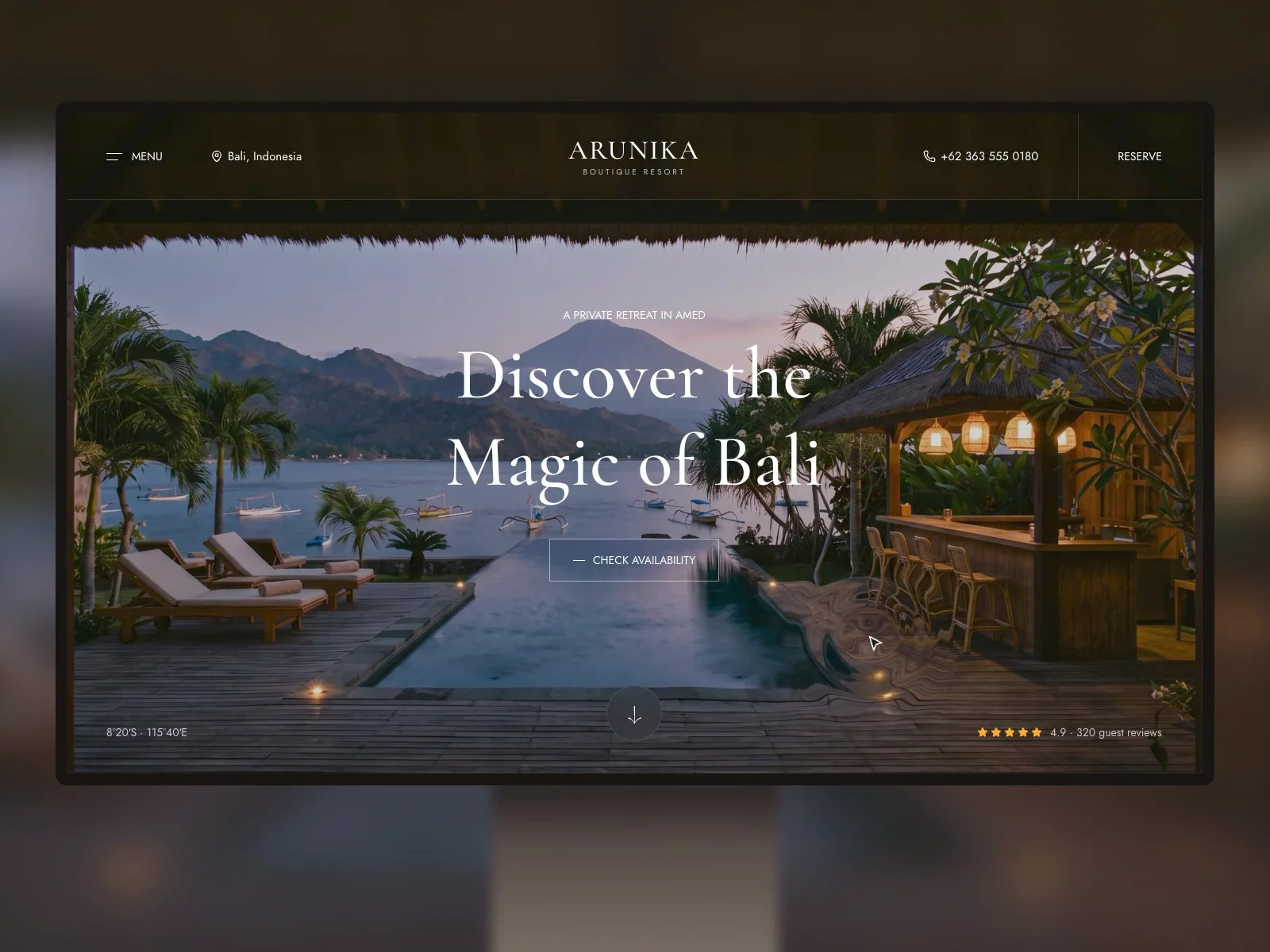 The hero on Arunika: a slow ripple on the pool, and nothing else moving.Hotels sell a feeling before they sell a room, so the first screen should feel like arriving. Click the water and it answers.arunika-resort.framer.website