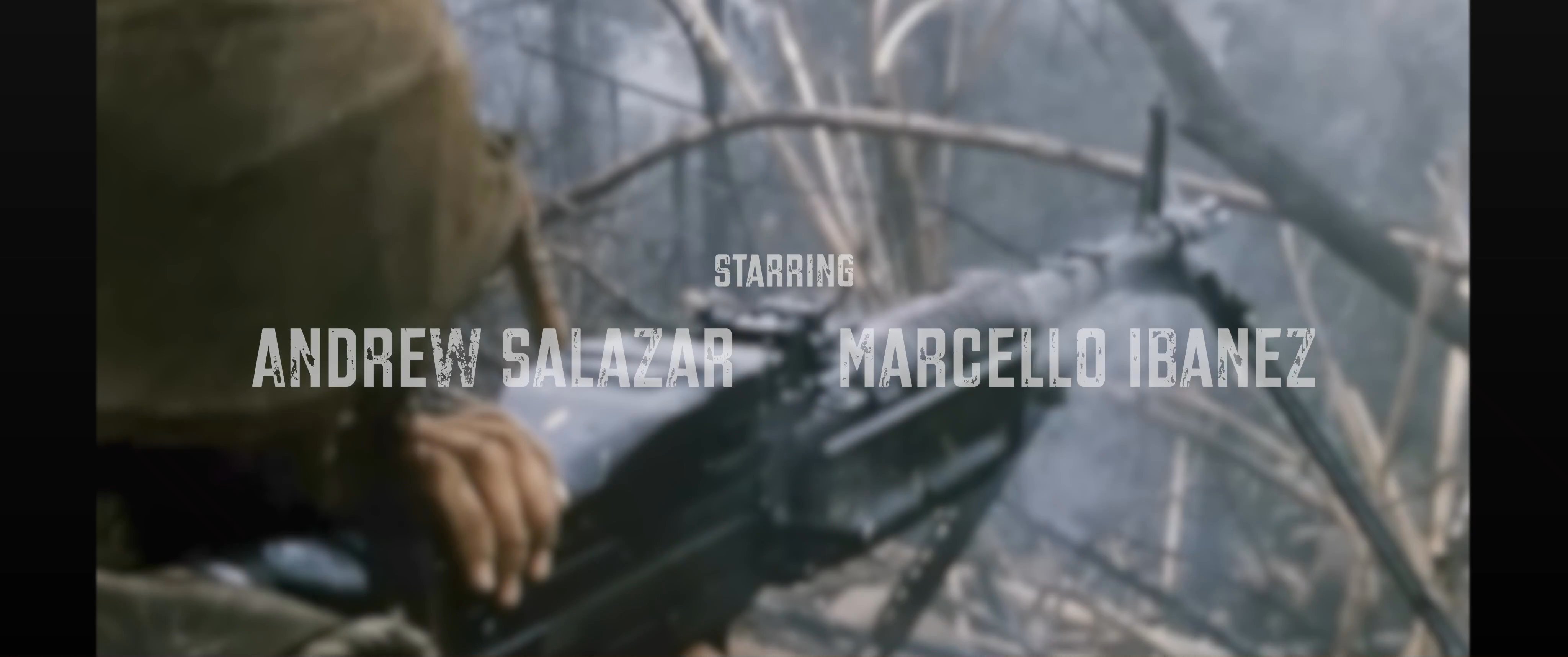 Historical war film credits display over gritty battlefield scenes, featuring infantry in trenches, heavy artillery fire, and tank maneuvers. The visual sequence transitions between night vision effects and raw combat imagery.