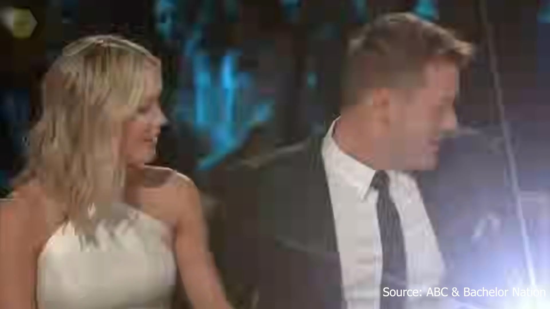 Chris Harrison hosts a segment featuring a couple from The Bachelor, discussing past moments while reflecting on their relationship journey during a television reunion special.