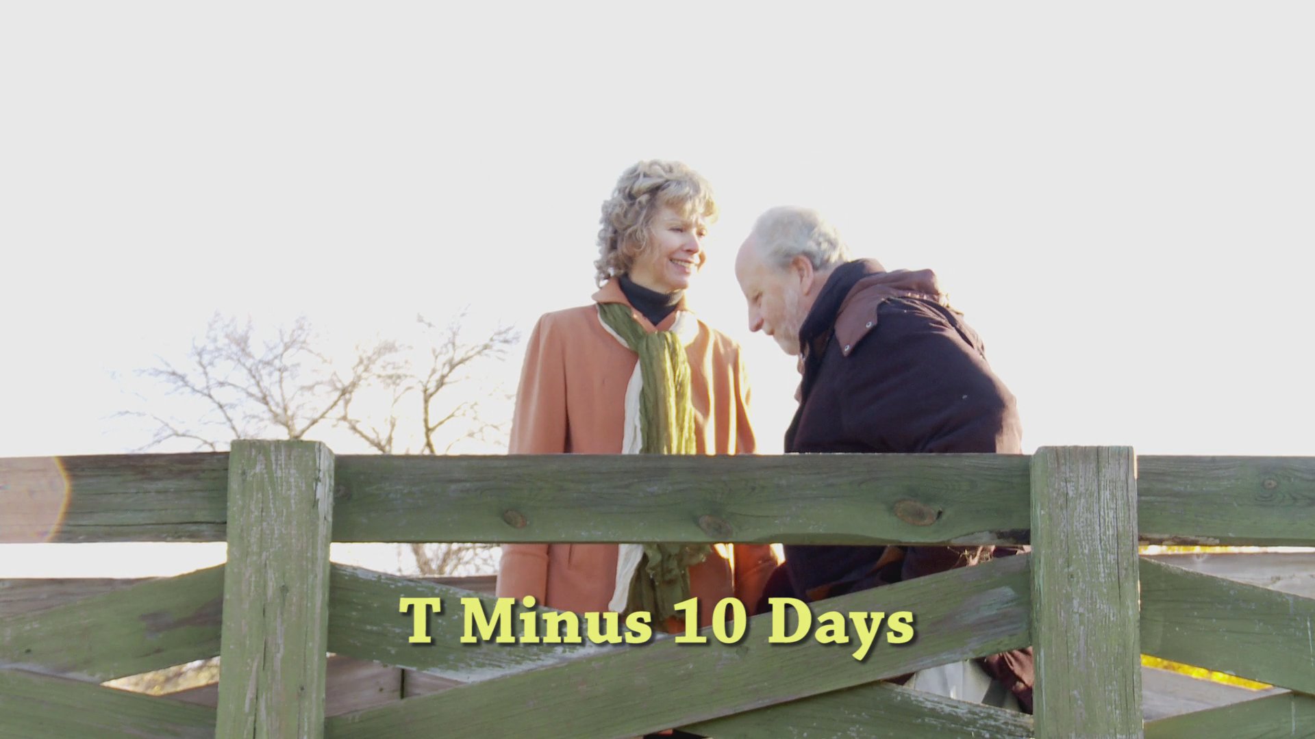 A couple walks along an autumn-themed bridge before one individual kneels to propose marriage to their partner.