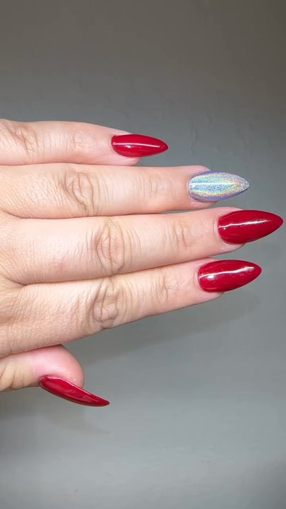 Paradise Nails - Acrylic long almond nails cherry red #375 with one silver chrome - Nail Salons Near Me - Sacramento, California