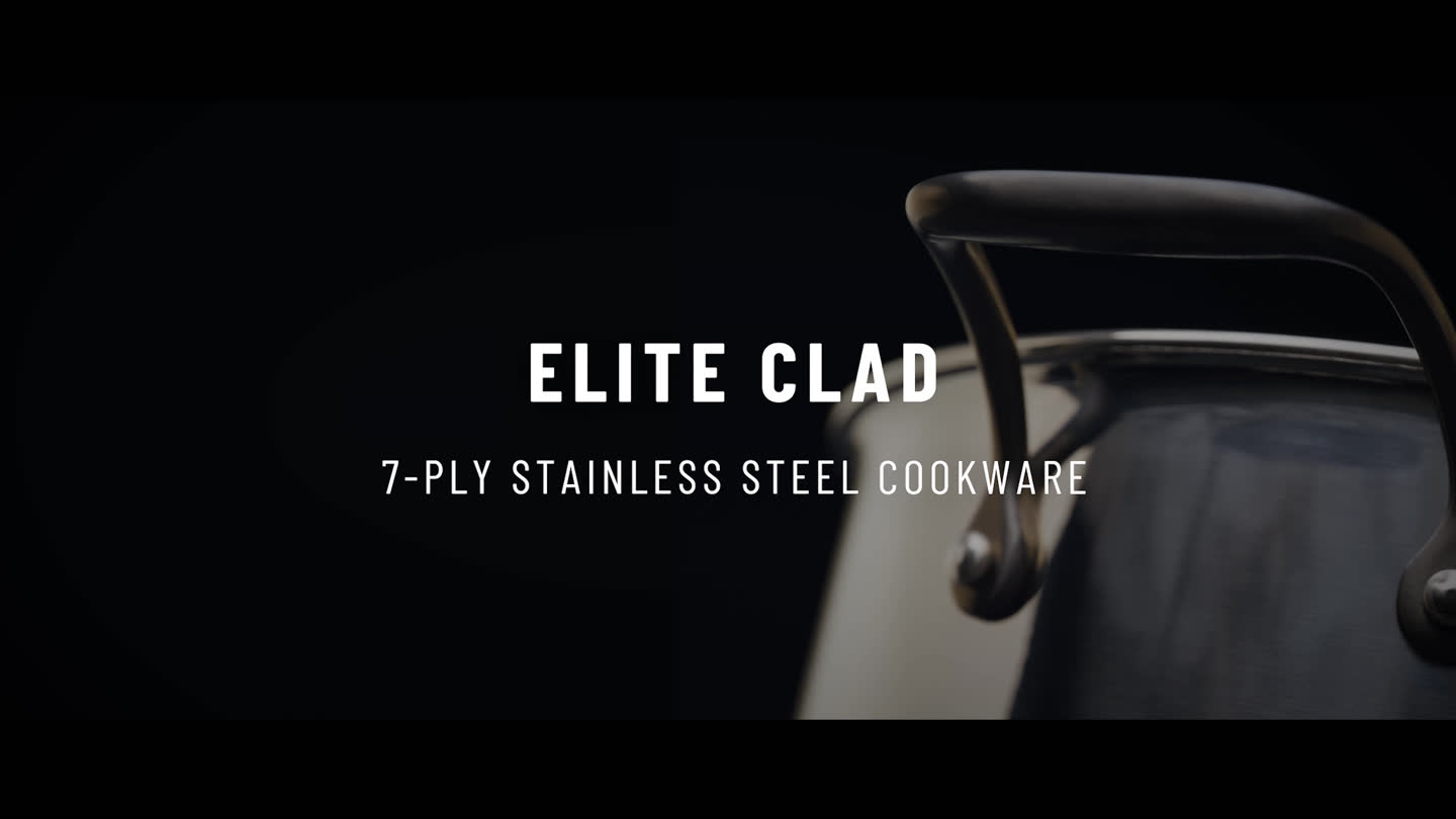 Film still: an Elite Clad pot and handle beside the completed product title