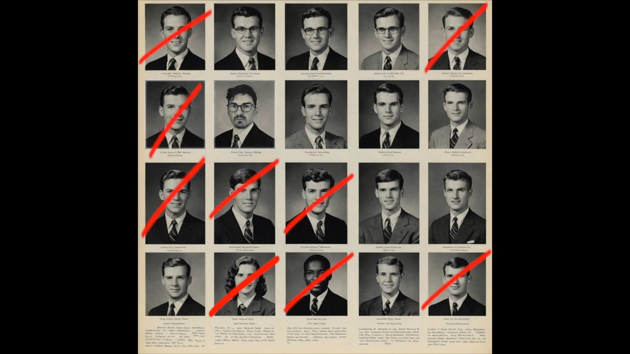 A montage transitions from glamorous studio portraits and cheerleader imagery into an archival yearbook grid where specific individuals are marked and circled.