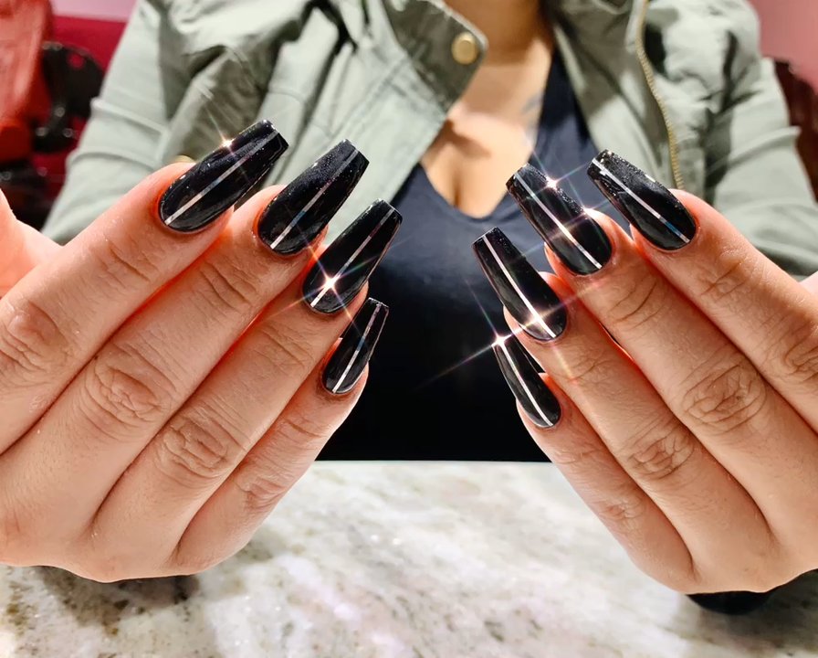 H2O Nail Spa - Black coffin nails with metal lines - Nail Salons Near Me - Longview, Texas