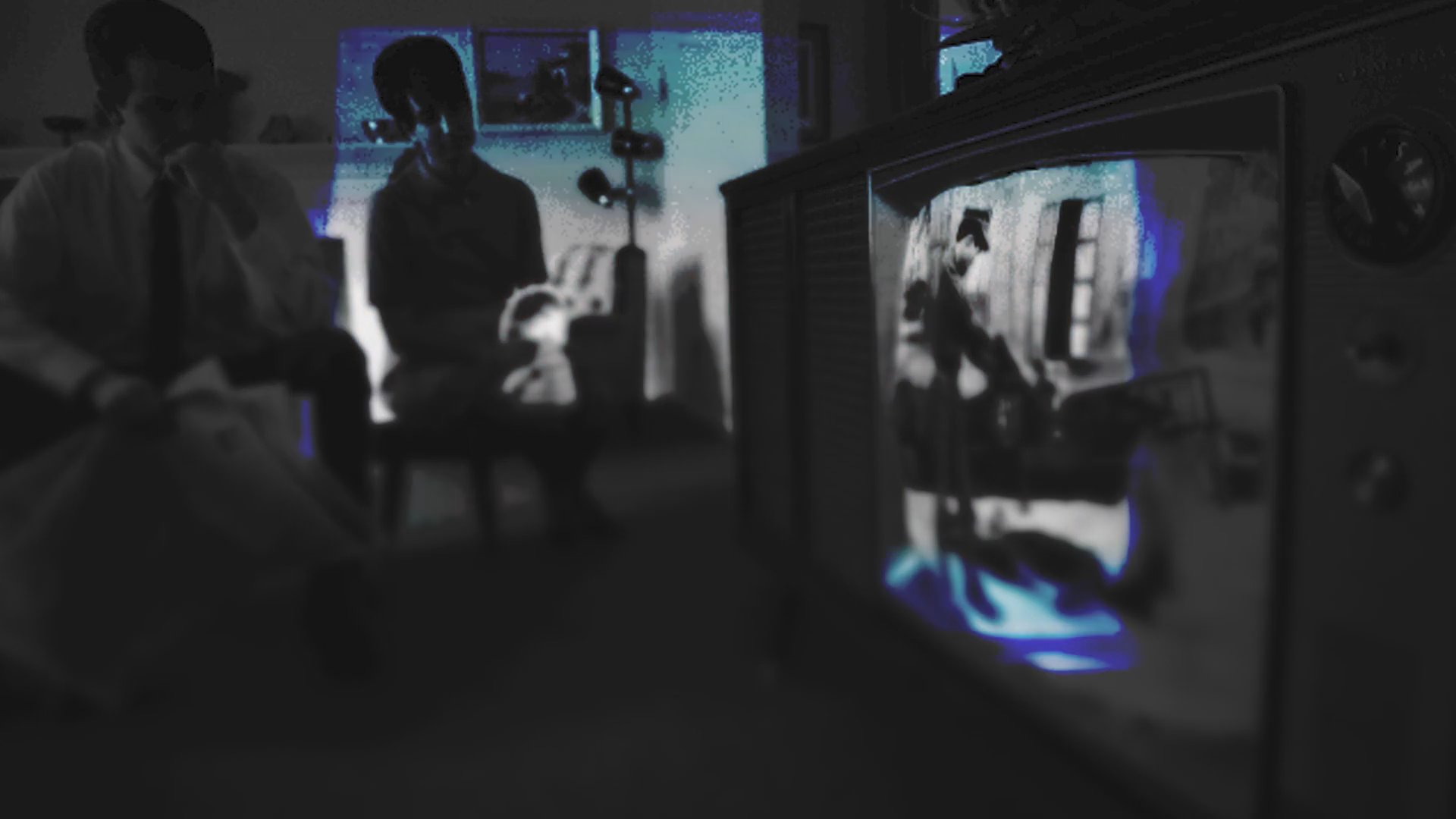 A montage alternates between abstract light distortions and monochromatic archival footage of individuals viewing a television set. The sequence concludes with a satirical quote from the creator of The Bachelor regarding the nature of highbrow entertainment.