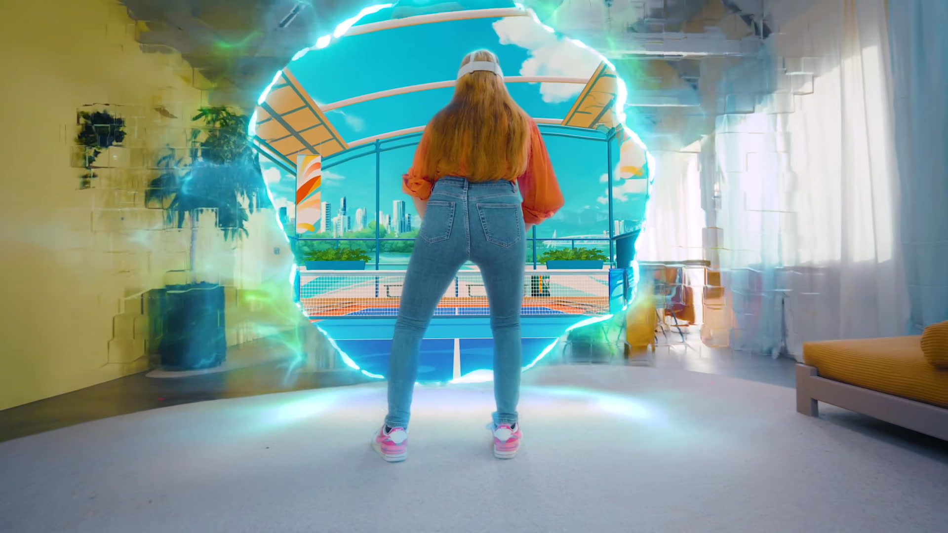 Home Sports trailer frame with a player facing a game-world portal in a home