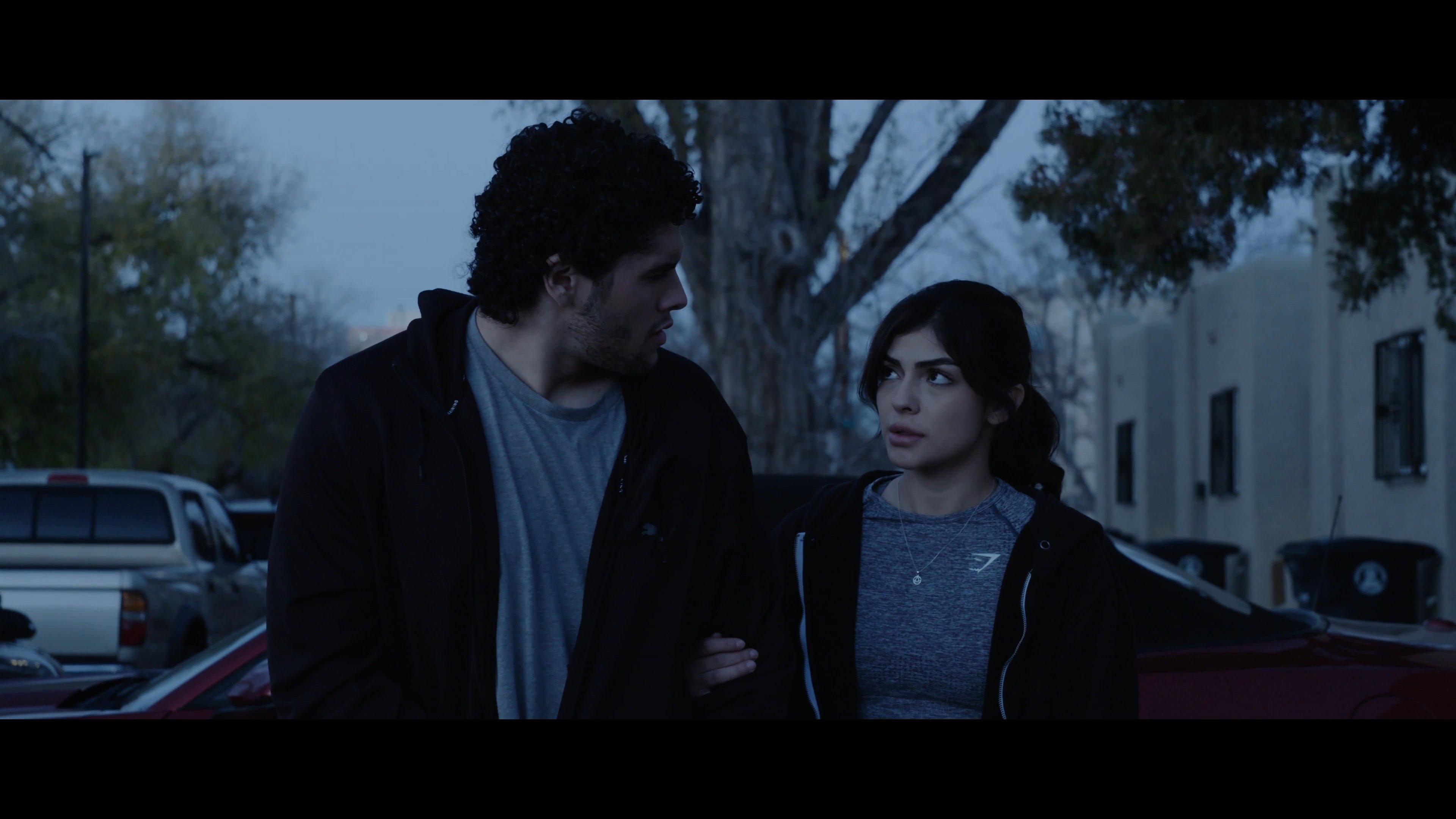 A man and a woman engage in a quiet, focused conversation while standing together in a parking lot during the twilight hours.