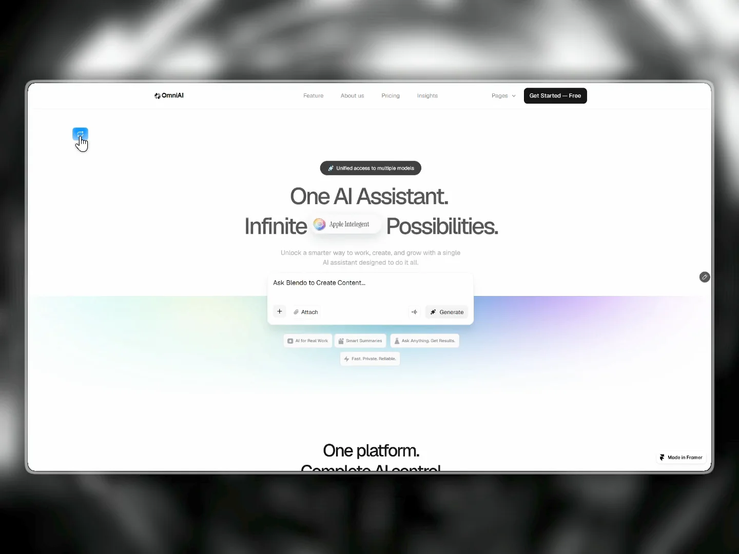 OMNI AI — AI SaaS WebsiteDesigned and developed a modern AI SaaS website for OMNI AI, an all-in-one AI assistant platform that brings multiple AI models and agents into a single interface.The website focuses on clear product storytelling, a minimal visual style, and interactive sections that showcase OMNI AI’s capabilities, including automated workflows, AI agents, and smart model selection.Highlights:AI SaaS website designModern, minimal UIProduct-focused storytellingAI agents &amp; automation showcaseResponsive Framer developmentSmooth interactions and polished detailsTools: Figma · Framer · UI/UX Design · Responsive Design · Motion