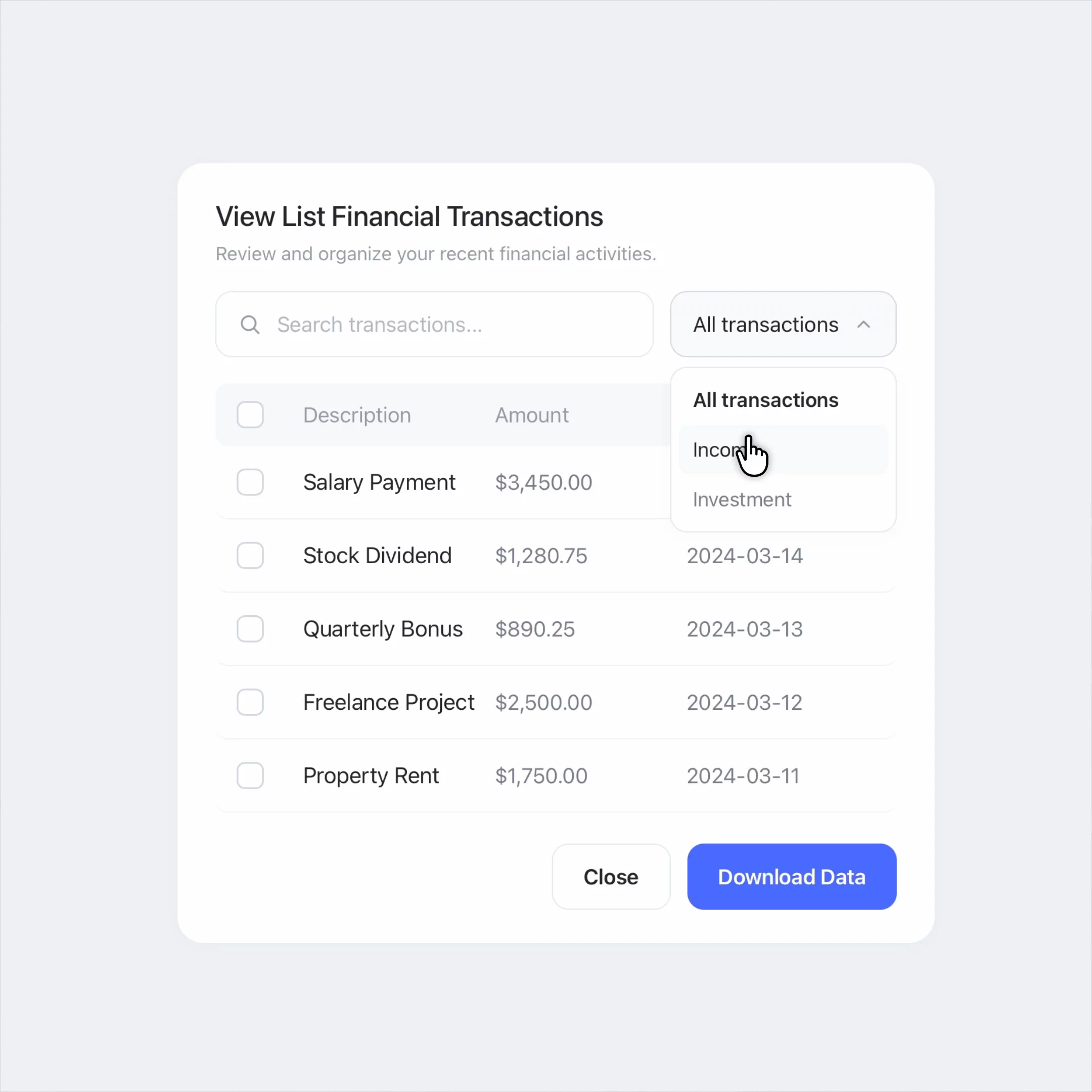 Transaction List Modal 💰