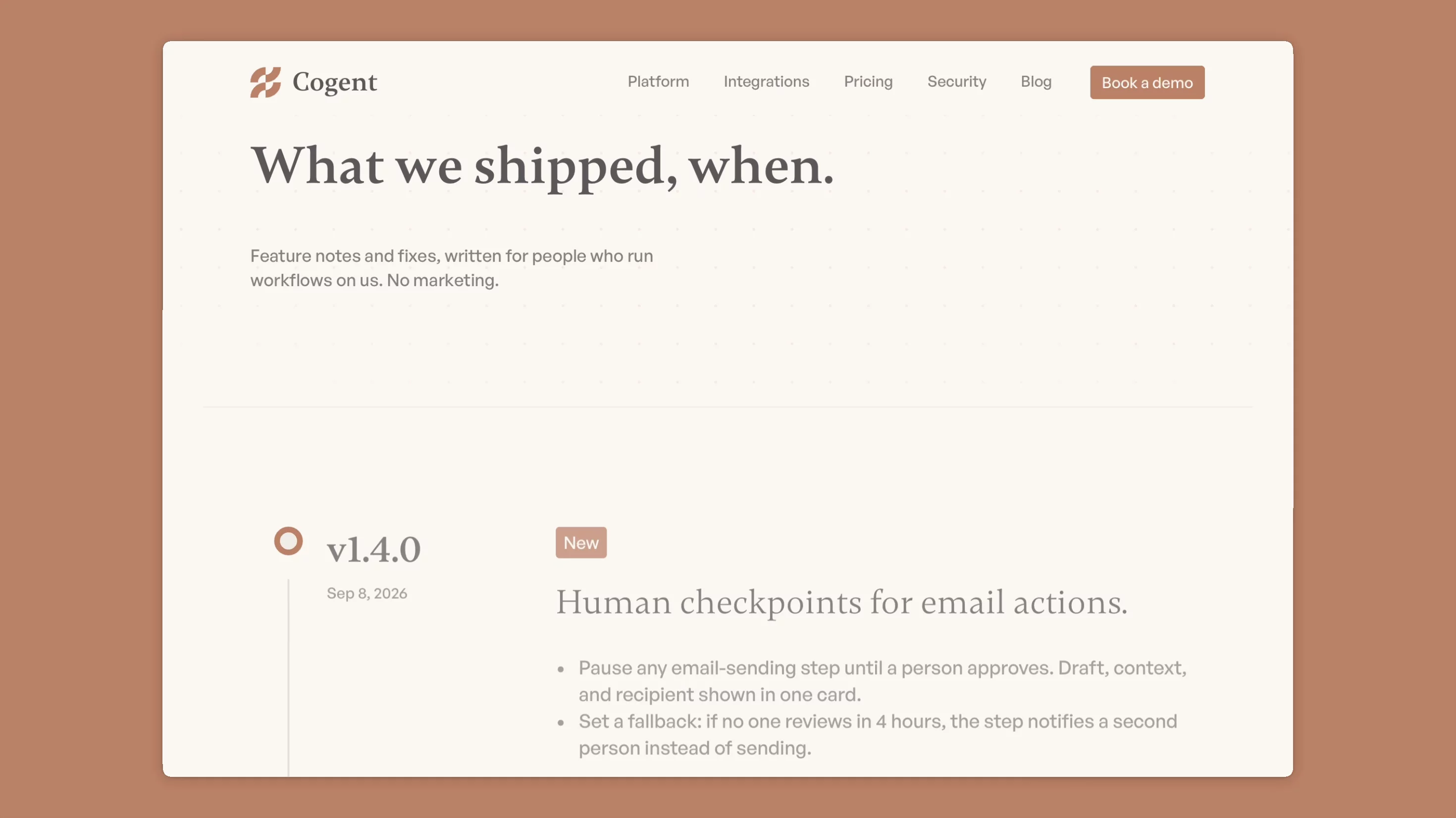 Changelog, the final page of my next framer template, Cogent, done.Changelog: a CMS-driven timeline. New / Improved / Fixed badges seeded with the entries that got them here, ready to swap for the buyer's own release notes.Scroll for the last one.
