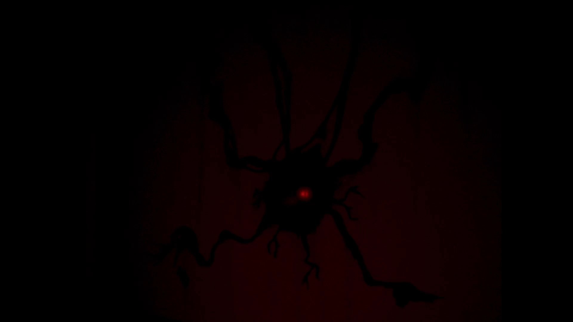 A young individual observes a mysterious, dark creature silhouetted against a crimson background within a dimly lit environment.