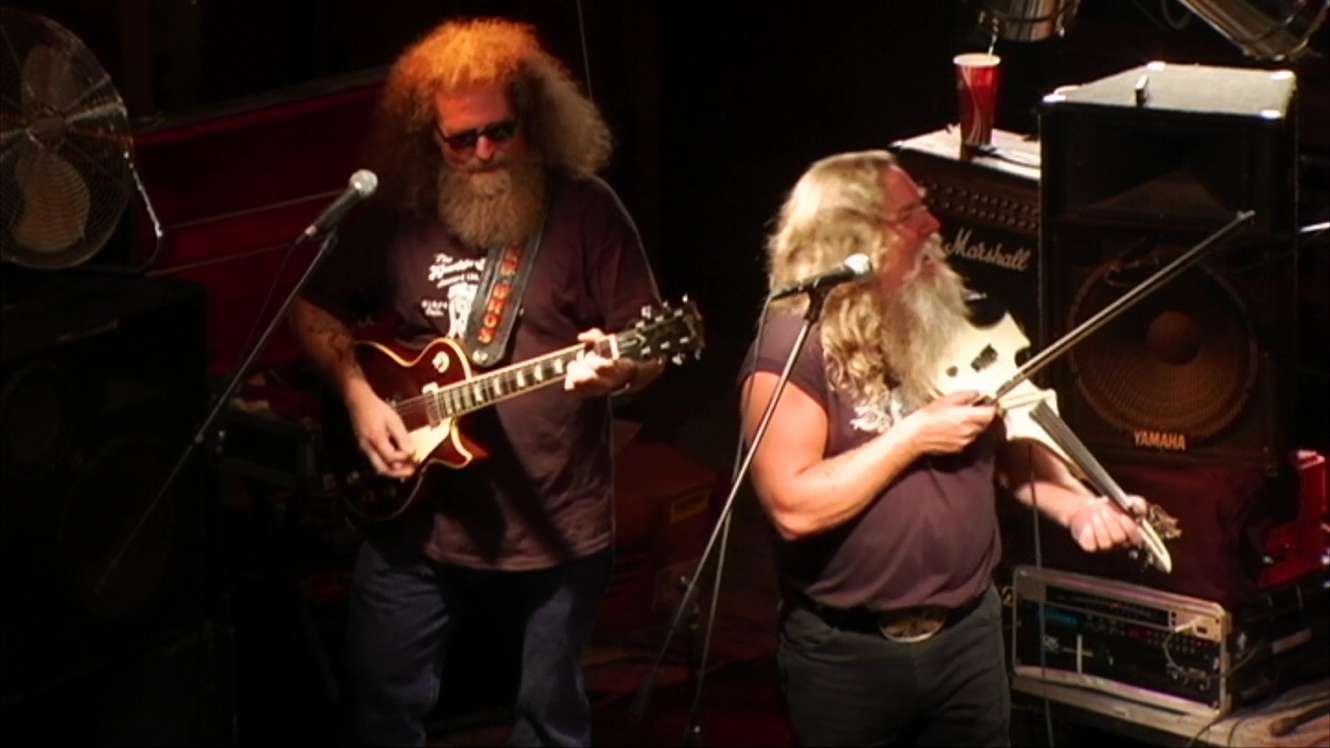 A long-haired, bearded musician performs on stage, alternating between playing a custom-shaped electric violin and singing into a microphone. Beside him, a guitarist accompanies the performance in a dimly lit concert venue.
