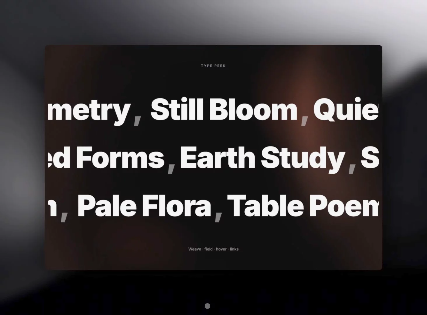 Type Peek — words run in lanes; photo windows weave through the glyphs, not under a flat overlay. Hover a word and the peek opens left to right, letter-anchored.Free Remix Link