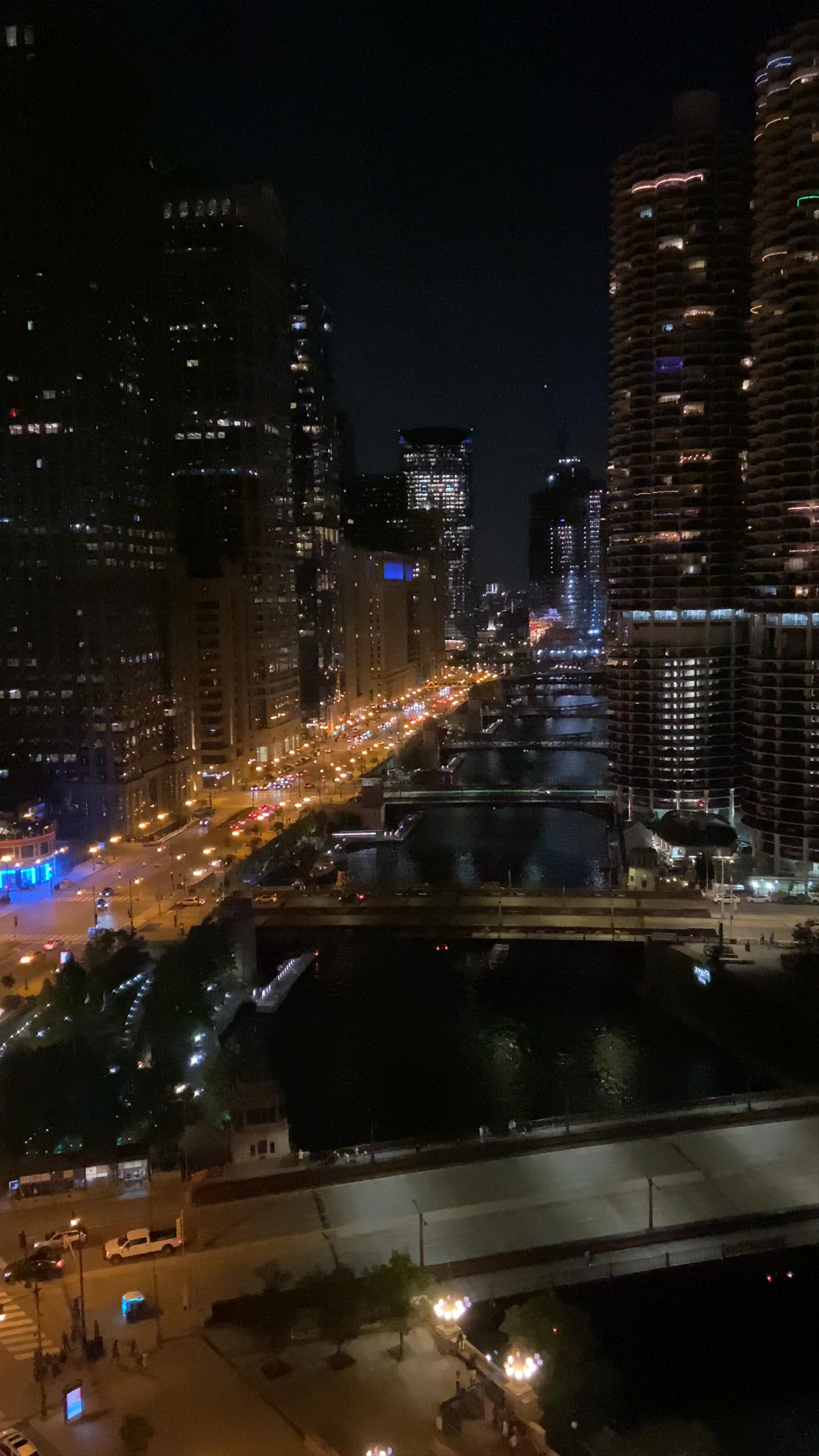 Nighttime Urban Elegance at Chicago Riverwalk from LondonHouse Hotel