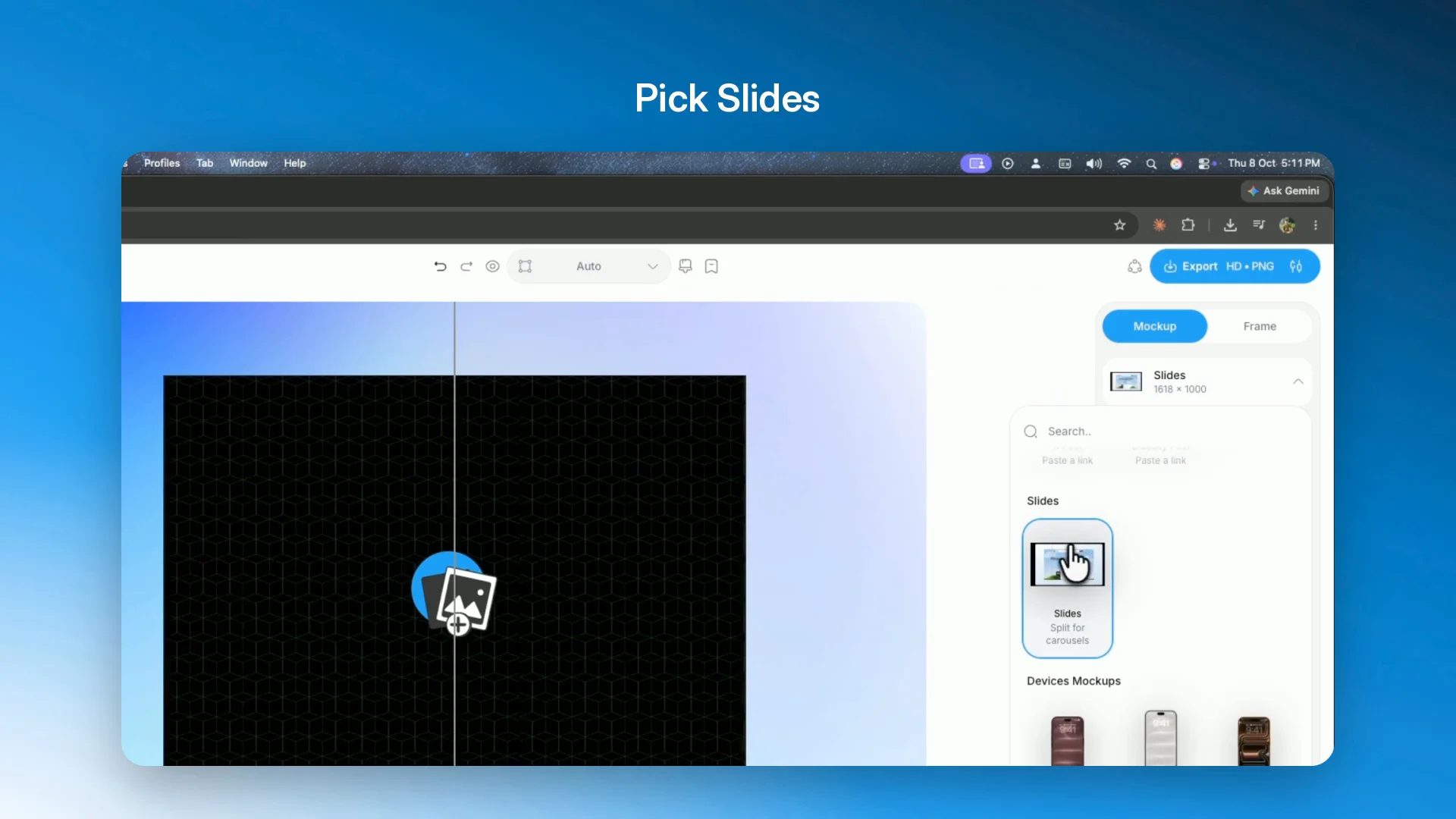 Seamless carousels are everywhere on X right now.  Here's how to make one in Mockship: → Pick Slides → Drop in your image → Split into 2, 3 or 4 → Add a shadow + background → Export a ZIP, ready to postmockship.app