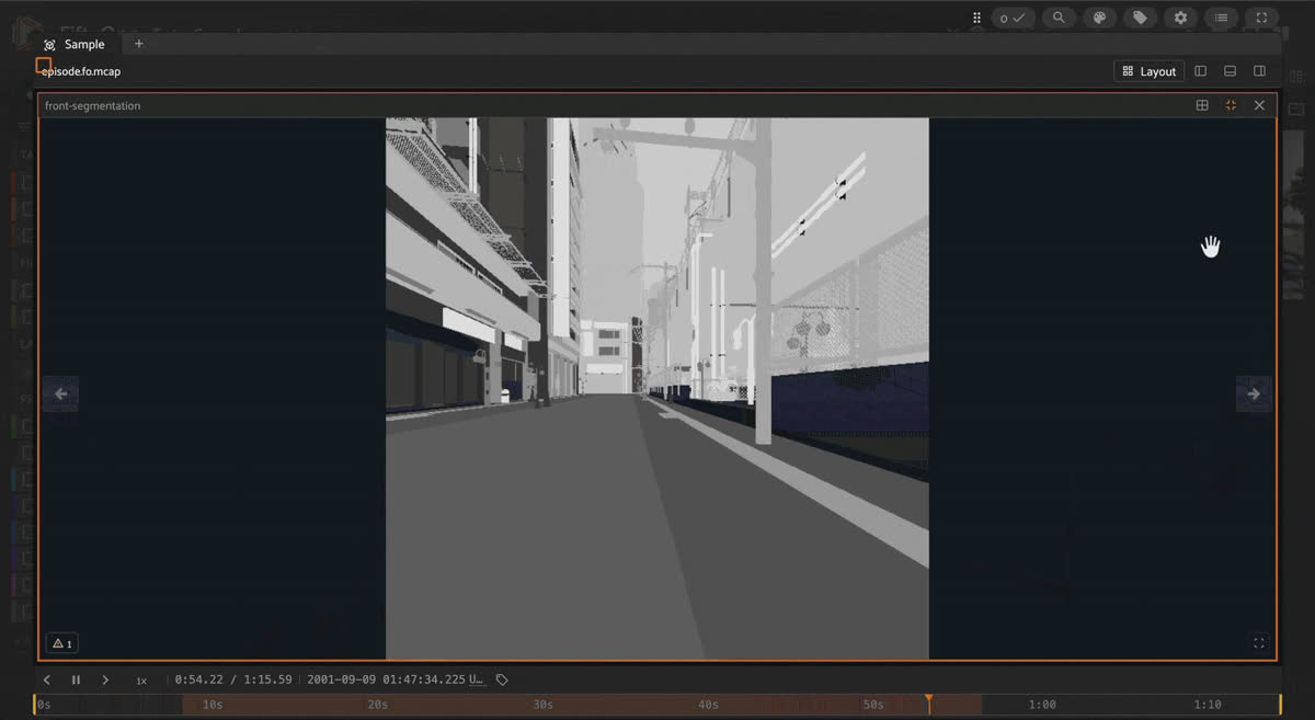 TartanGround synthetic MCAP episode in FiftyOne showing a night city camera stream, its paired segmentation stream, and LiDAR playing in sync.