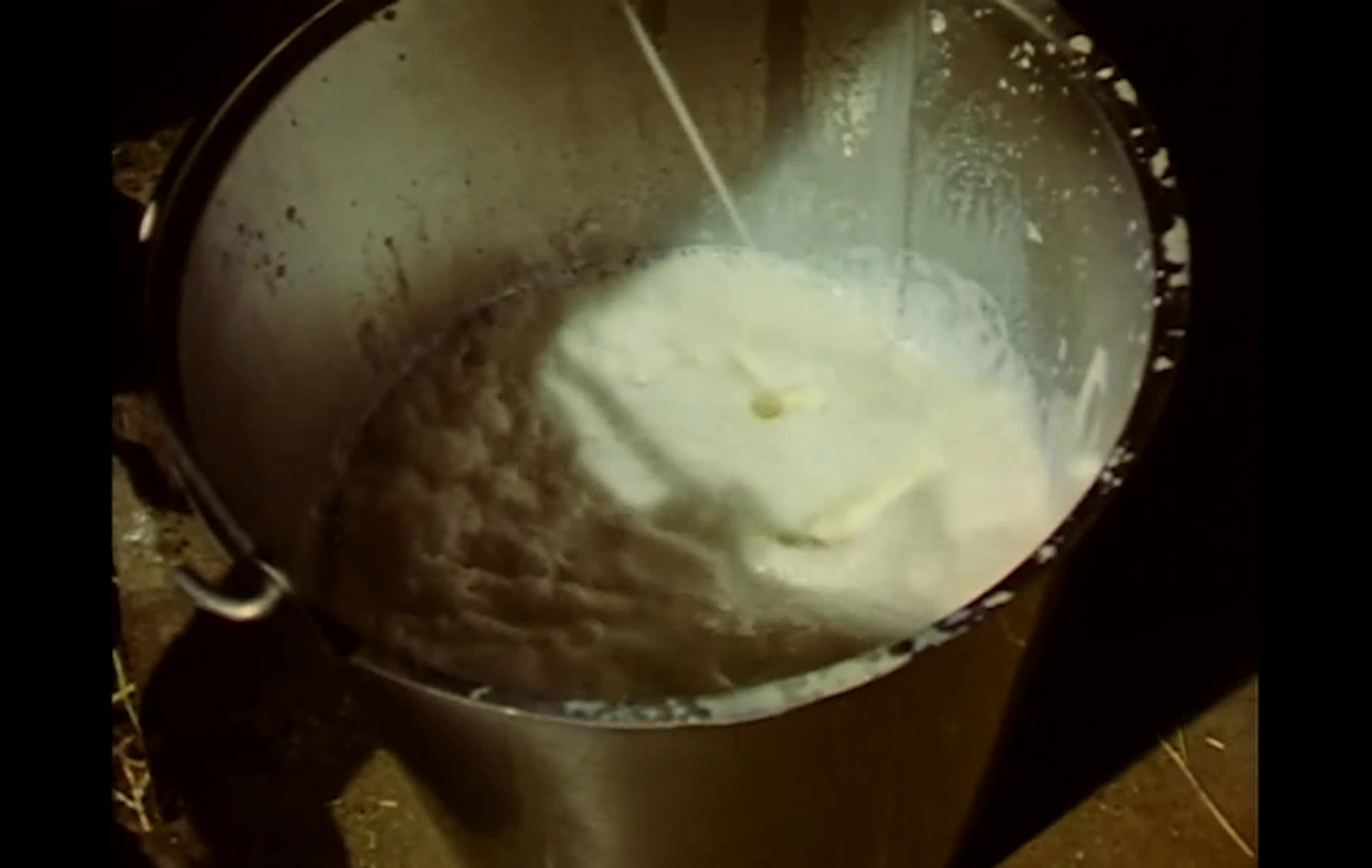 A man crouches beside a child beneath a cow, guiding them as milk collects in a metal pail. Close-ups linger on the foamy milk before the scene ends on a ranch sign.