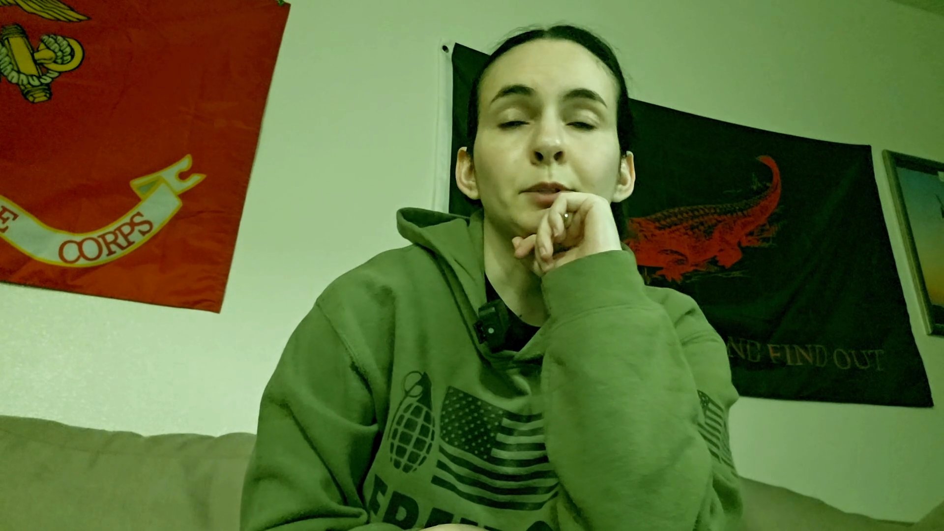An individual participates in a virtual conference call on a laptop while observing a video feed of a contact positioned in front of a military-themed flag. Technical interference disrupts the transmission during the digital exchange.