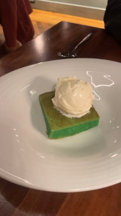 Bodega - Pandan mochi cake with lychee ice cream, absolute chefs kiss, this pairing is amazing, the ice cream melts in your mouth with the soft mochi - Vietnamese Near Me - San Francisco, California