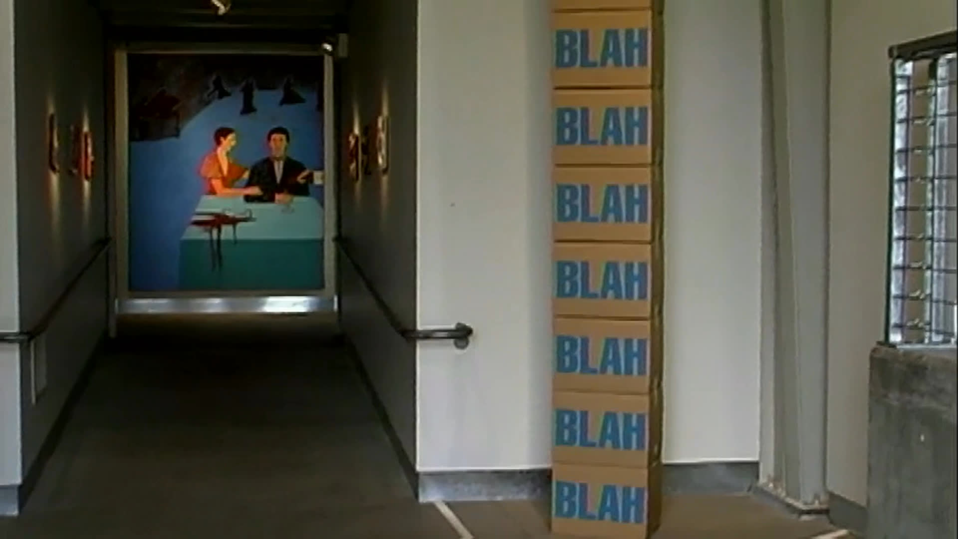 Museum visitors examine an elaborate installation and framed paintings as an older man reflects on labels, empty talk, and judgment in galleries. A repeated “BLAH” banner stands among views of the exhibition halls.