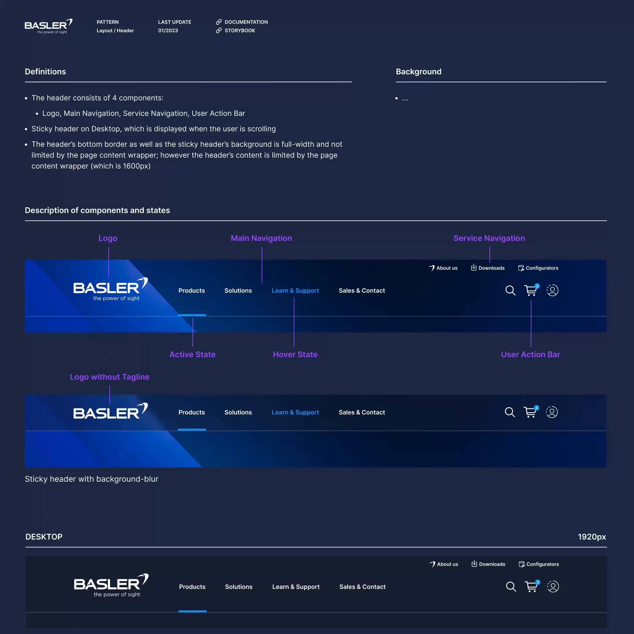 Verschiedene Screens aus dem während der Designphase entwickelten Basler Modulhandbuch. Die klare, systematische Gestaltung von Farben, Grids, Header-Strukturen, Komponenten-States und Checkout-Elementen – eine hochwertige Dokumentation des Designsystems, das Hypercode für Basler geschaffen hat. | Hypercode, Digital Product Studio, Köln