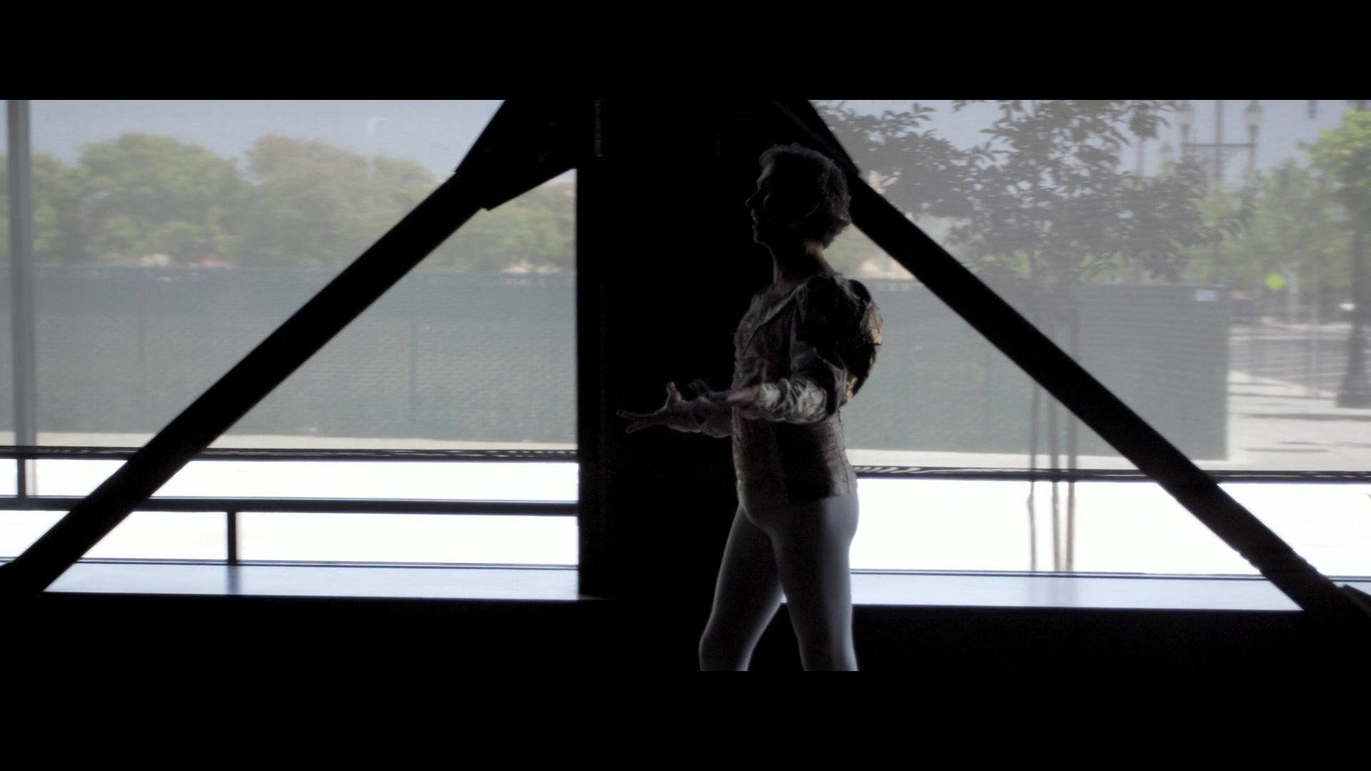 A ballet dancer performs precise movements in a studio setting, intercut with scenes of dance instruction and younger students practicing. The sequence highlights the dedication and technical discipline required for classical dance training.
