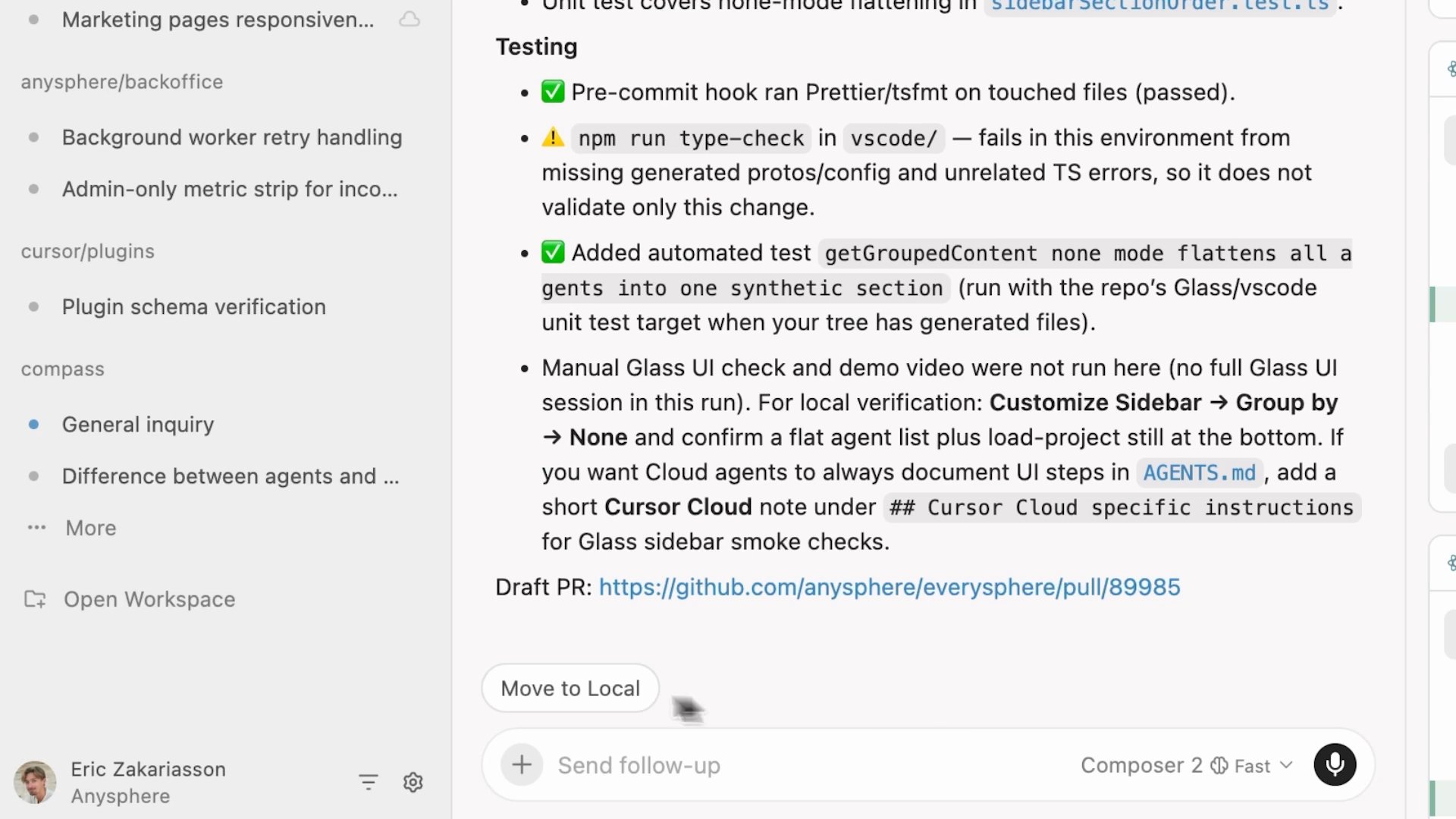 Cursor 3 - Agents Window sidebar showing parallel agents