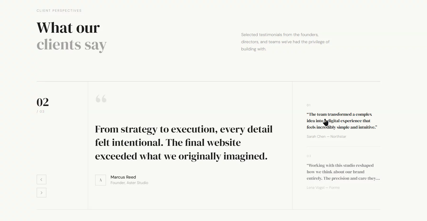 Testimonial section, editorial style. What do you think?
