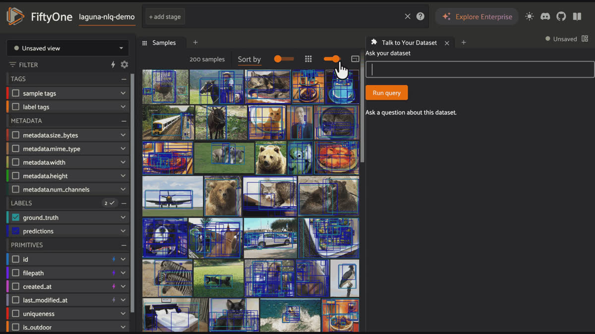Laguna query agent returning 19 images with more than five people, at least one under 5% of the image area.