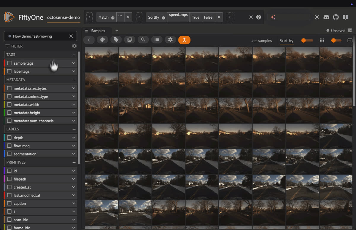 FiftyOne App grid of OctoSense frames used to build curation slices with one-click named views.