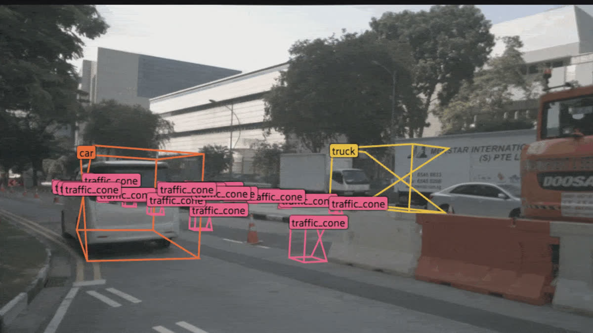 A nuScenes front camera frame in FiftyOne with 3D object cuboids projected by class — trucks, pedestrians, and construction vehicles labeled exactly where the perception stack sees them.