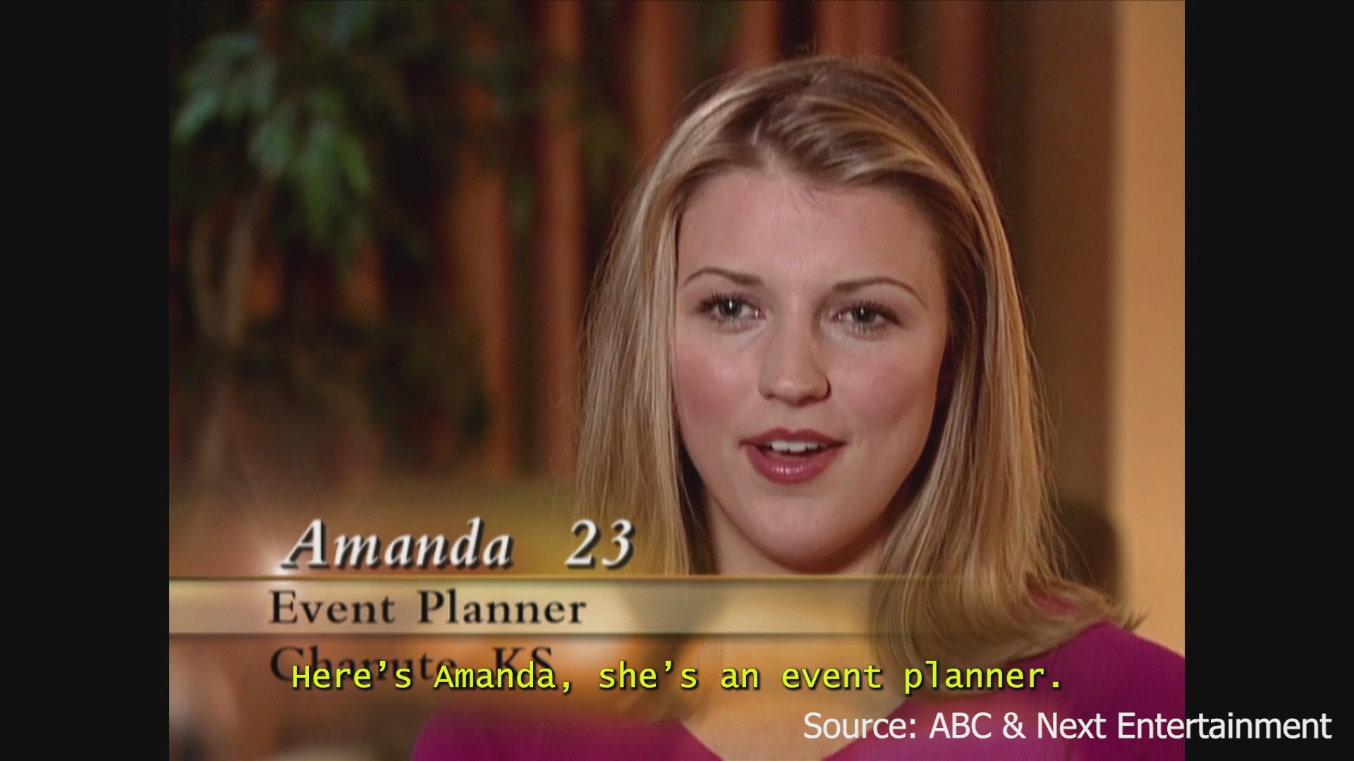 A participant in a reality dating program introduces herself as an event planner during a candid on-camera interview after arriving at a social event.