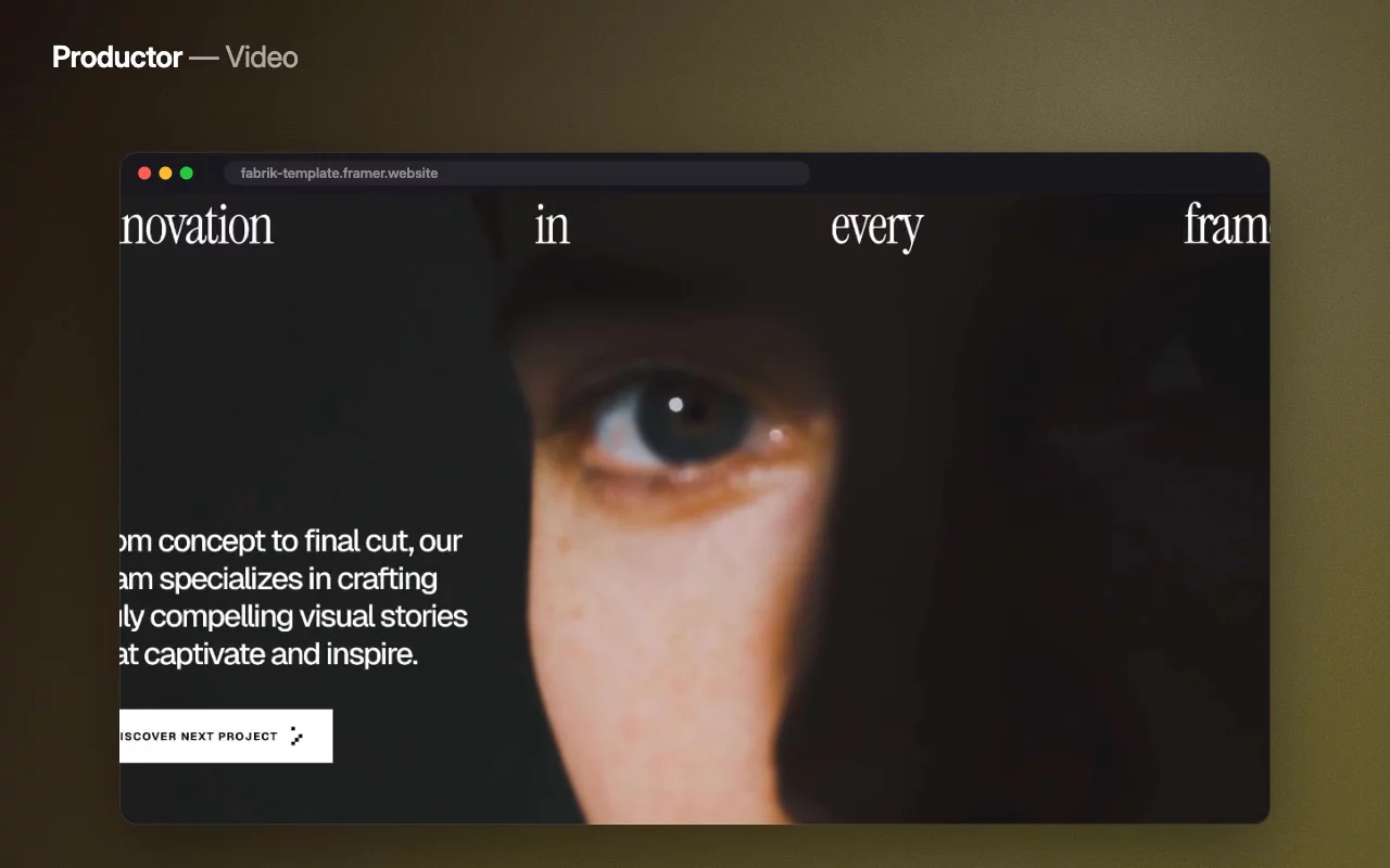Big frames, black background, work at full bleed — a production studio site should feel like a screening room.Productor is for studios, producers and post houses that want the reel front and centre.Live preview → https://fabrik-template.framer.website/Launch it this week →#framer #framertemplate #framerexpert #webdesign #nocode #videoproduction #filmmaking #studio #portfolio