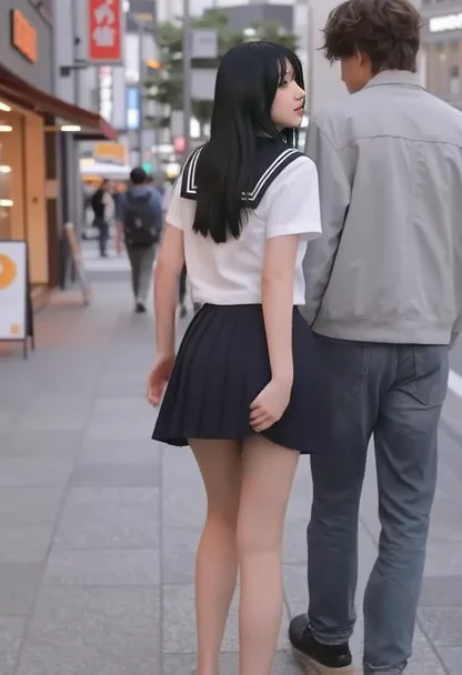 在东京繁华的涩谷人行道上，午后阳光洒落的金色光影中，一个短发女高中生以亲密的姿态一手轻轻挽住男友的臂弯，两人并肩缓步前行，她身着标准的海军蓝水手服校服，上身白色短袖衬衫领口系着红色领巾，下身是及膝的深蓝百褶短裙，她另一只手悄然绕到身后，纤细手指捏住裙边向上拉起，完全露出白皙的臀部，没有任何内裤遮挡，臀肉在阳光下呈现柔和的自然光泽，她的身体微微前倾，体重自然落在挽臂的那侧腿上，步态轻松却带着一丝调皮的摇曳；她稍稍偏转上身，脸庞转向镜头，短黑发齐耳轻柔贴合脸颊，一双杏眼眯成弯月，樱桃小嘴勾起意味深长的俏皮笑容，带着一丝隐秘的挑逗与满足，眼眸中闪烁着对拍摄者的默契光芒，脸颊泛起浅浅红晕；男友身穿浅灰色夹克和牛仔裤，高大身影在前方引领，头微微侧向路边街景，完全没有回头，脸部被后脑勺的棕色短发和肩线遮挡，无法辨识五官，他浑然不知身旁爱侣正以这种大胆方式满足着身后隐秘的目光；背景是典型的东京街景，人群稀疏的宽阔人行道两侧林立着霓虹招牌的时尚商店和咖啡馆橱窗，反射出午后温暖的橙黄光辉，地面铺设整齐的灰色石砖，远处高耸的涩谷交叉口高楼隐现，空气中弥漫着都市的活力与暧昧张力，整个场景以广角镜头捕捉，规则三分构图将女高中生的侧后身位居画面黄金分割点，强调她拉裙的动态瞬间与转头回眸的亲密互动，低角度略微仰视强化了暴露的诱惑感与街头偷拍的真实质感，柔和的自然日光从上方左侧倾泻，投下细腻的阴影勾勒出臀部与裙摆的柔软边缘，皮肤纹理细腻如瓷器般光滑，布料褶皱呈现轻柔的棉质折痕，没有多余的饰物或干扰，整个画面沉浸在都市日常的微妙禁忌氛围中。