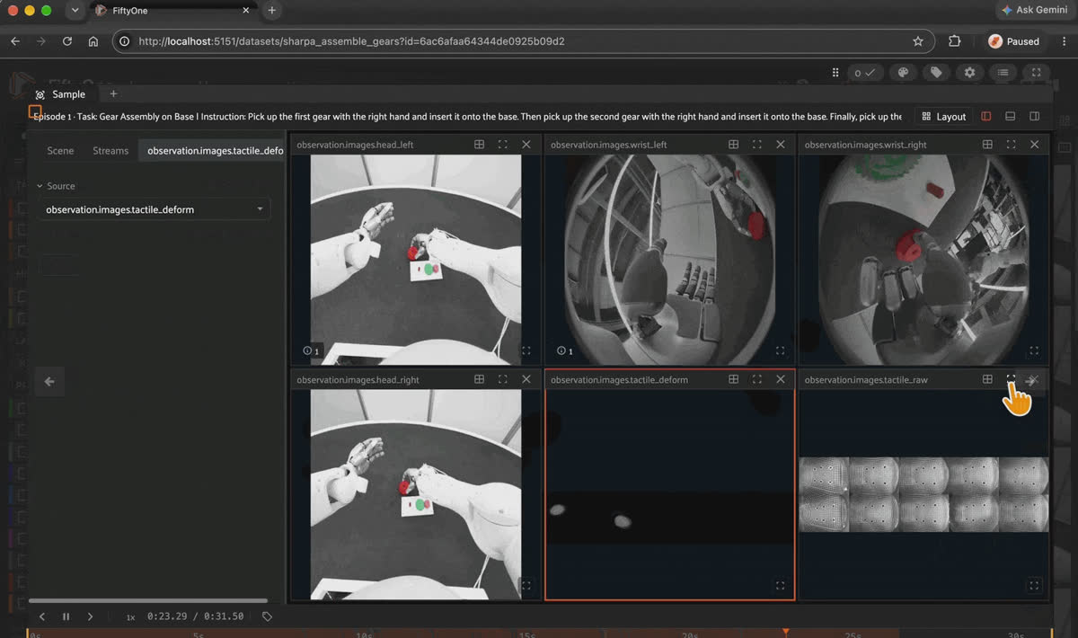 SharpaDex Assemble Gears in FiftyOne, with the raw and deformation tactile streams next to the RGB views.