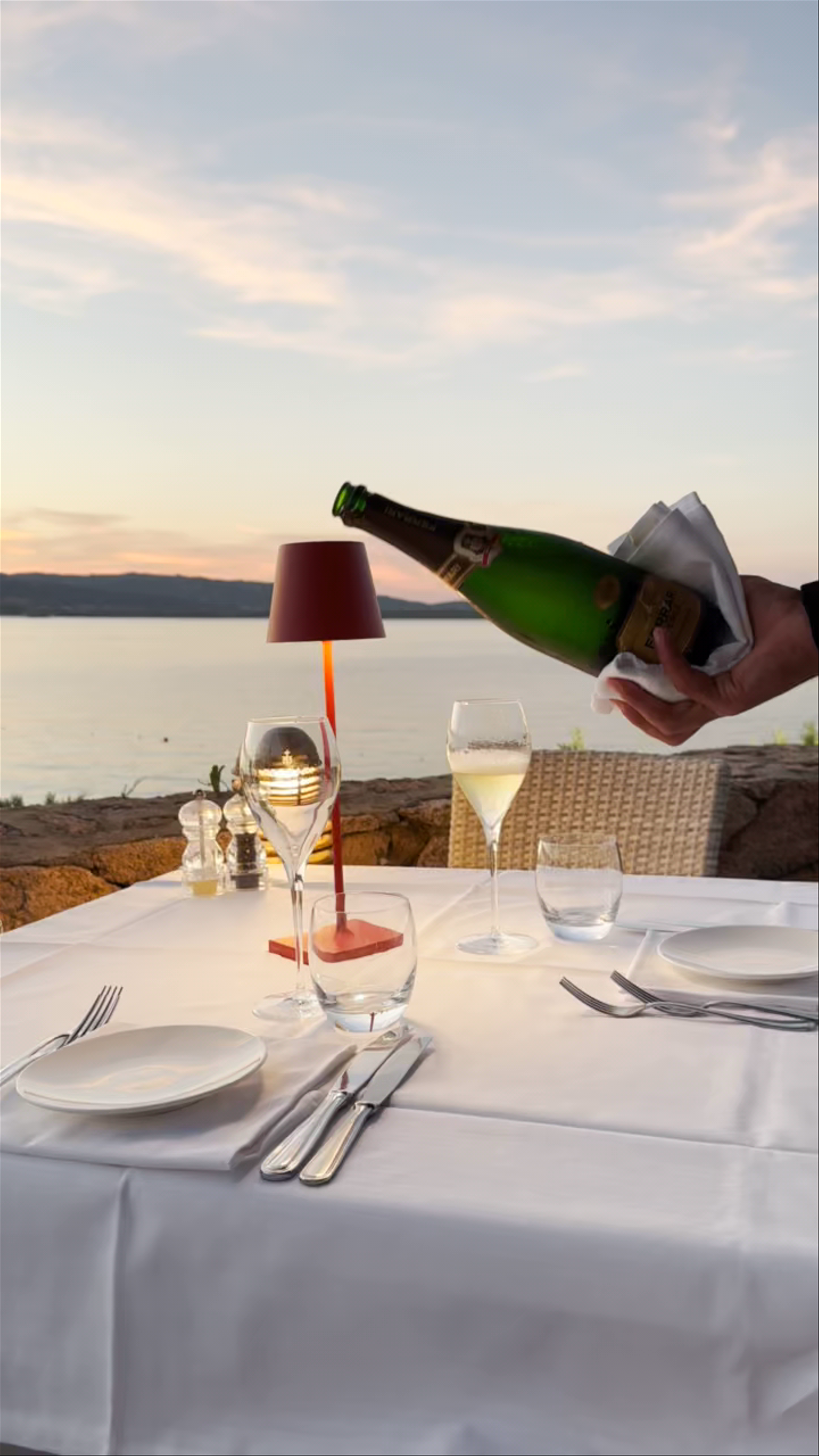 Sunset Dining and Champagne Pour at Rocca Beach Restaurant, Baja Sardinia