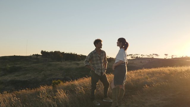 Couple standing in a field and talking