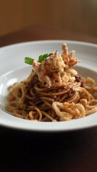 Spaghetti alla Puttanesca with Fried Calamari